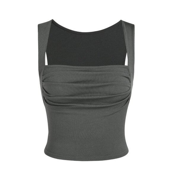 CIDER Dark Grey Ruched Square Neck Crop Tank Top | Size S - Picture 1 of 5